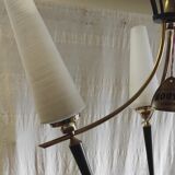 Modernist chandelier with 3 lights in gold and black metal, opaline tulip - 50s