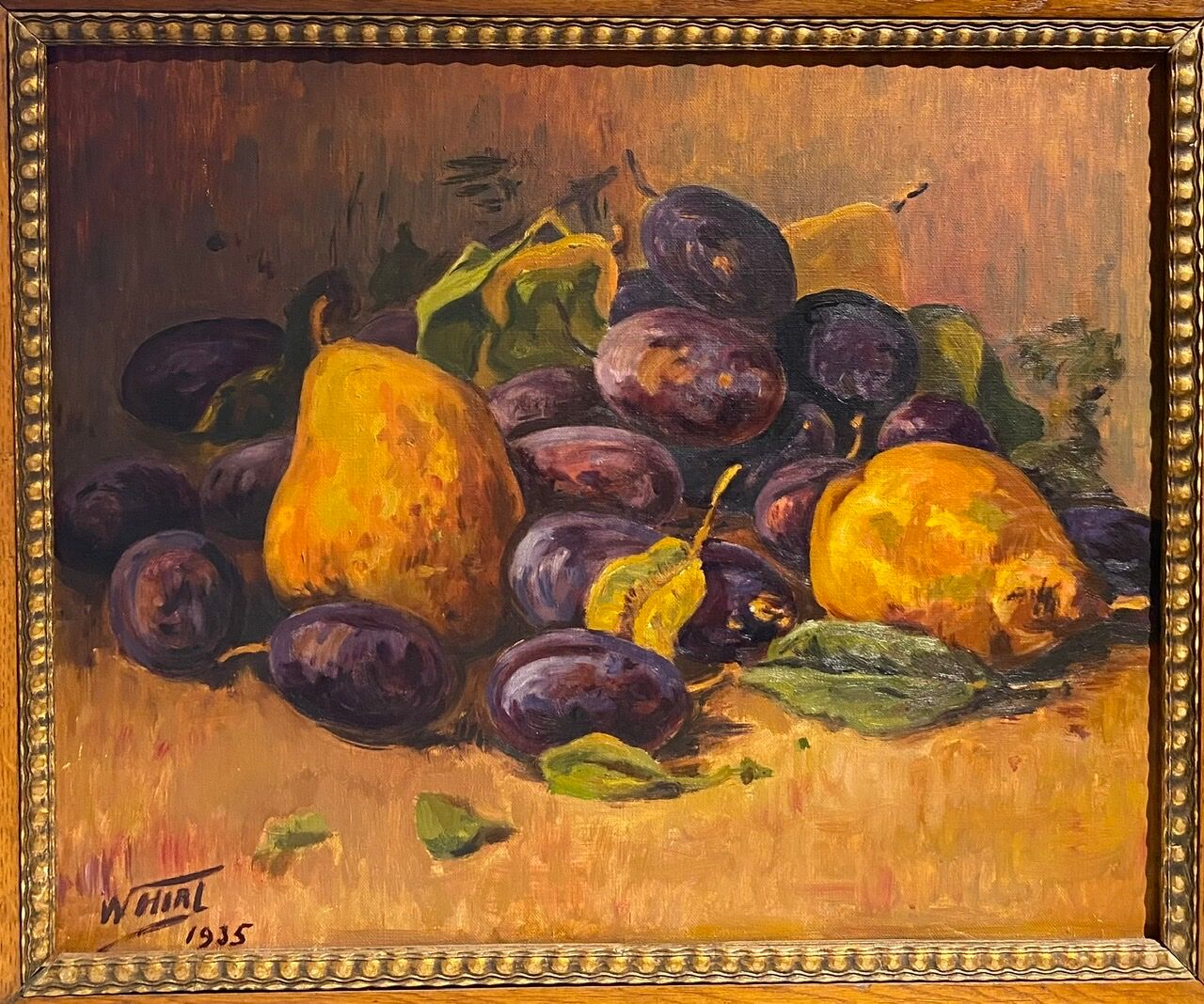 Still life with quetsches and pears signed and dated 1935