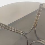 Vintage round dining table in smoked glass and chromed metal, Space Age style, from the 70s