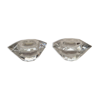 Duo of octagonal transparent crystal candle holders