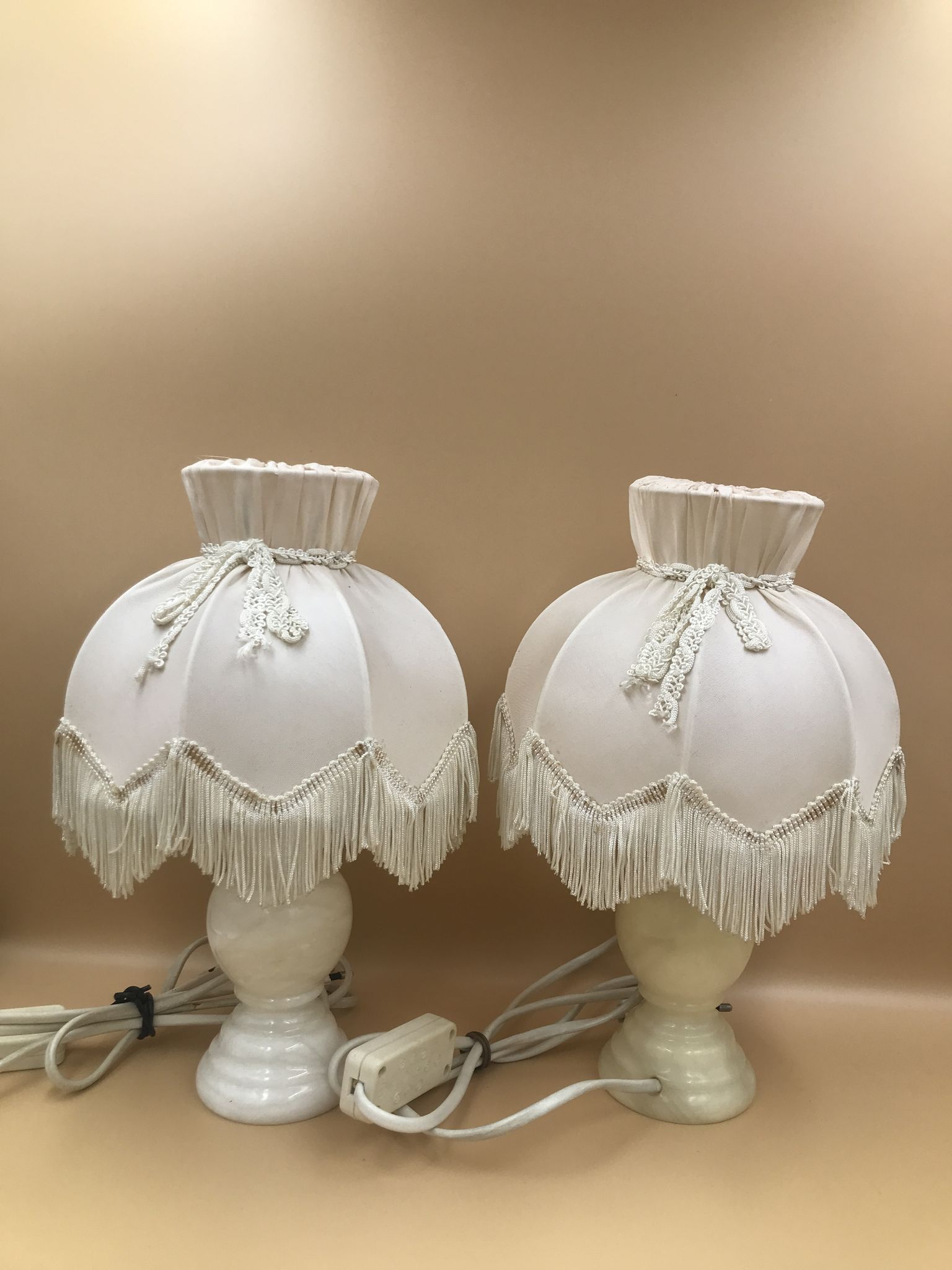 Pair of bedside lamp with vintage fringed shade