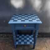 Blue checkered bedside table, neo-vintage style, turned legs.
