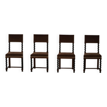 Set of four Baroque-style chairs, refurbished in brown velvet, Swedish style.