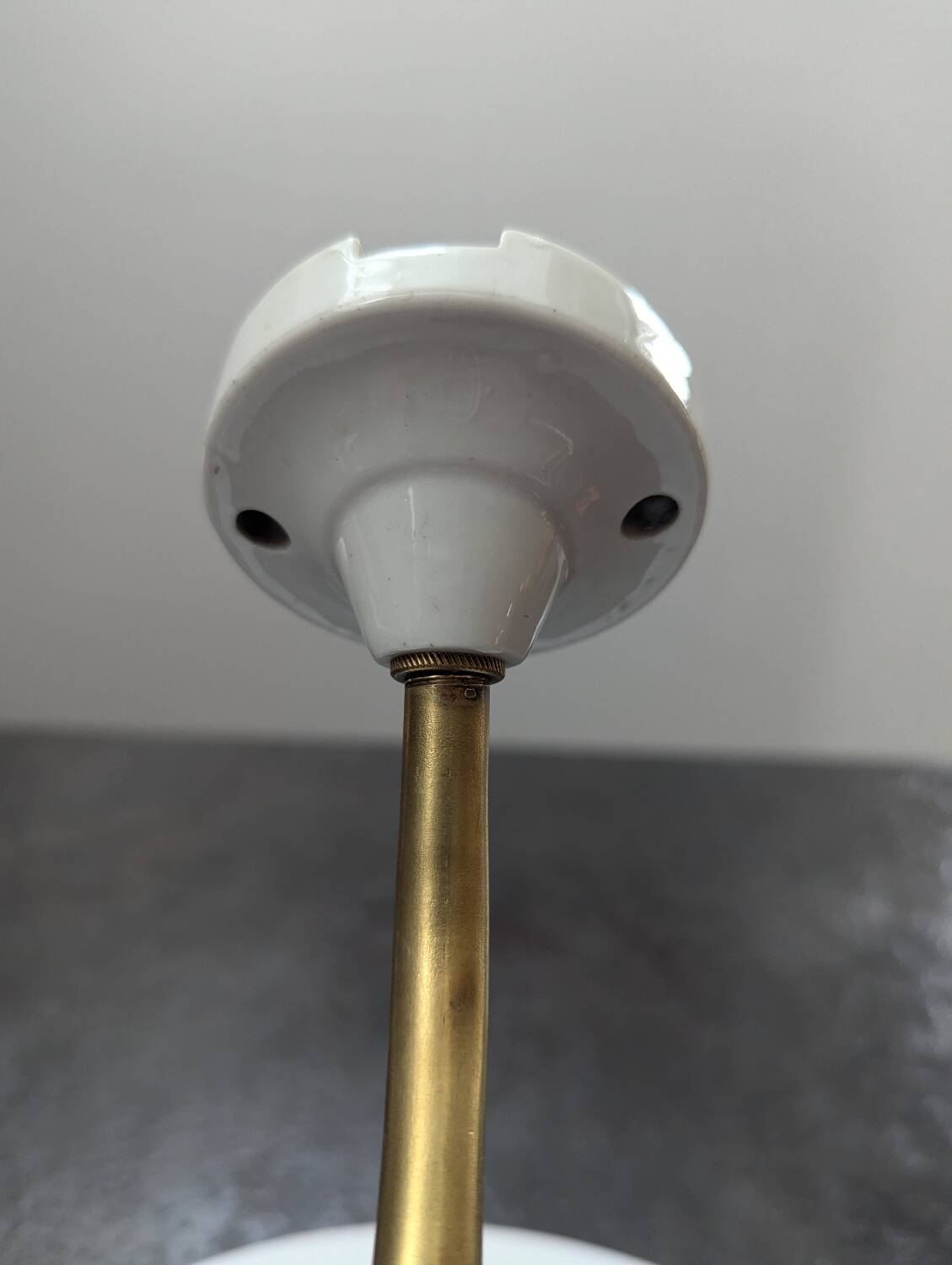 Antique smooth white opaline wall light with brass swan neck porcelain art deco 1930 diameter 25.9cm