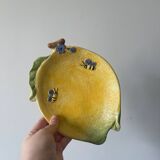Lemon fruit barbotine plate with flowers and bees in ceramic
