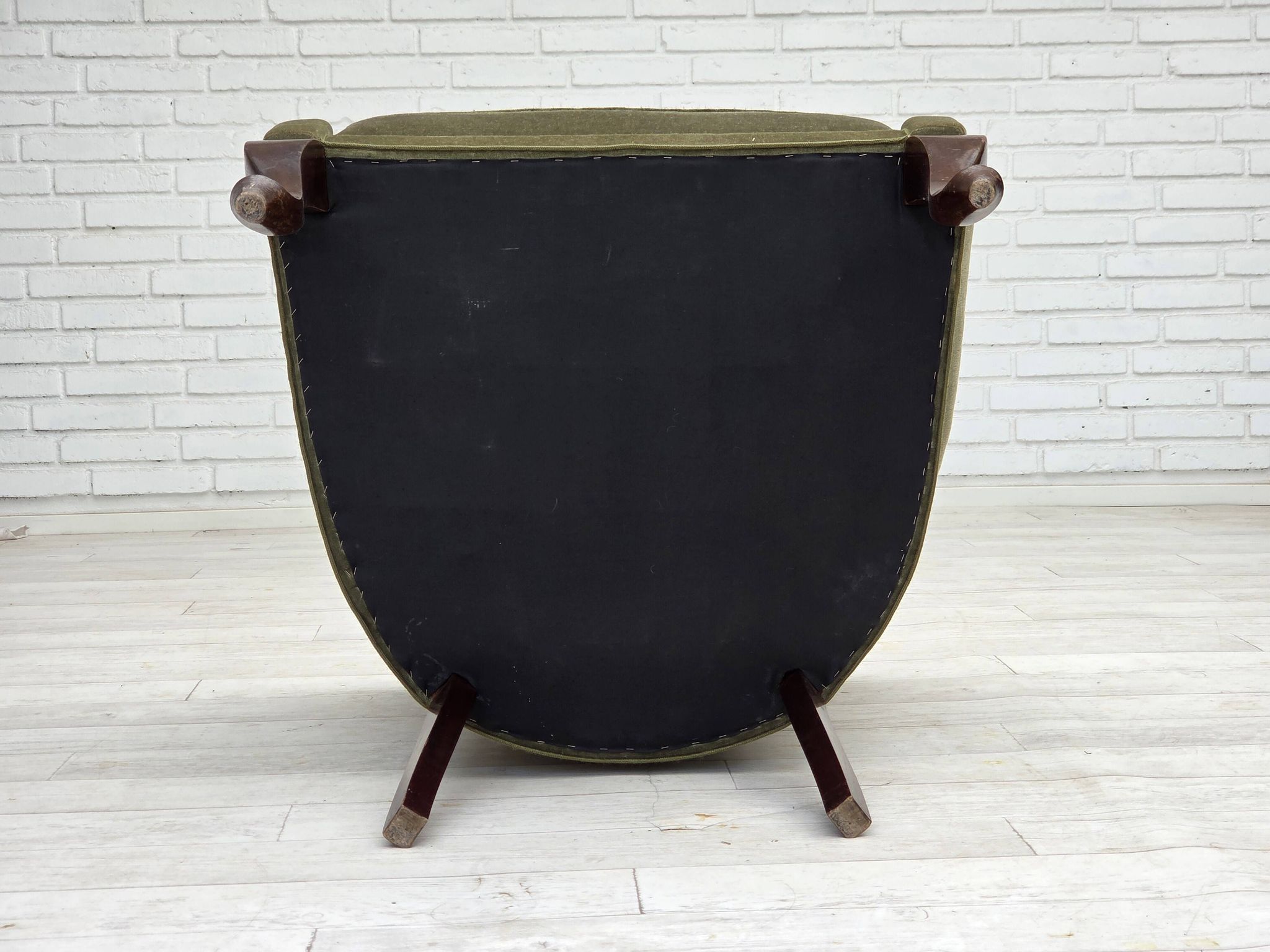 1960s, Danish armchair, green furniture velour, beech wood legs.