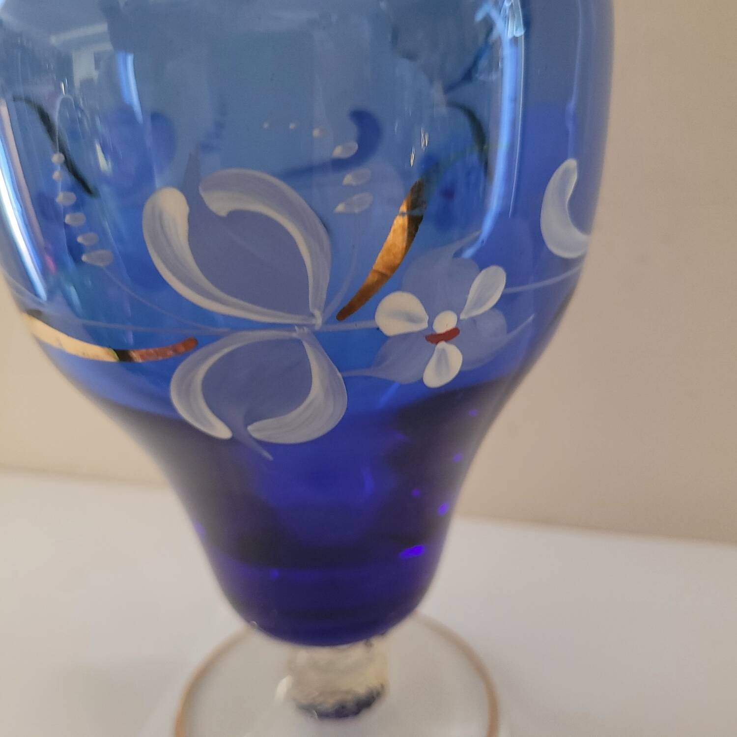 Ewer/pitcher, cobalt blue glass, enameled with flowers, 1950s-60s