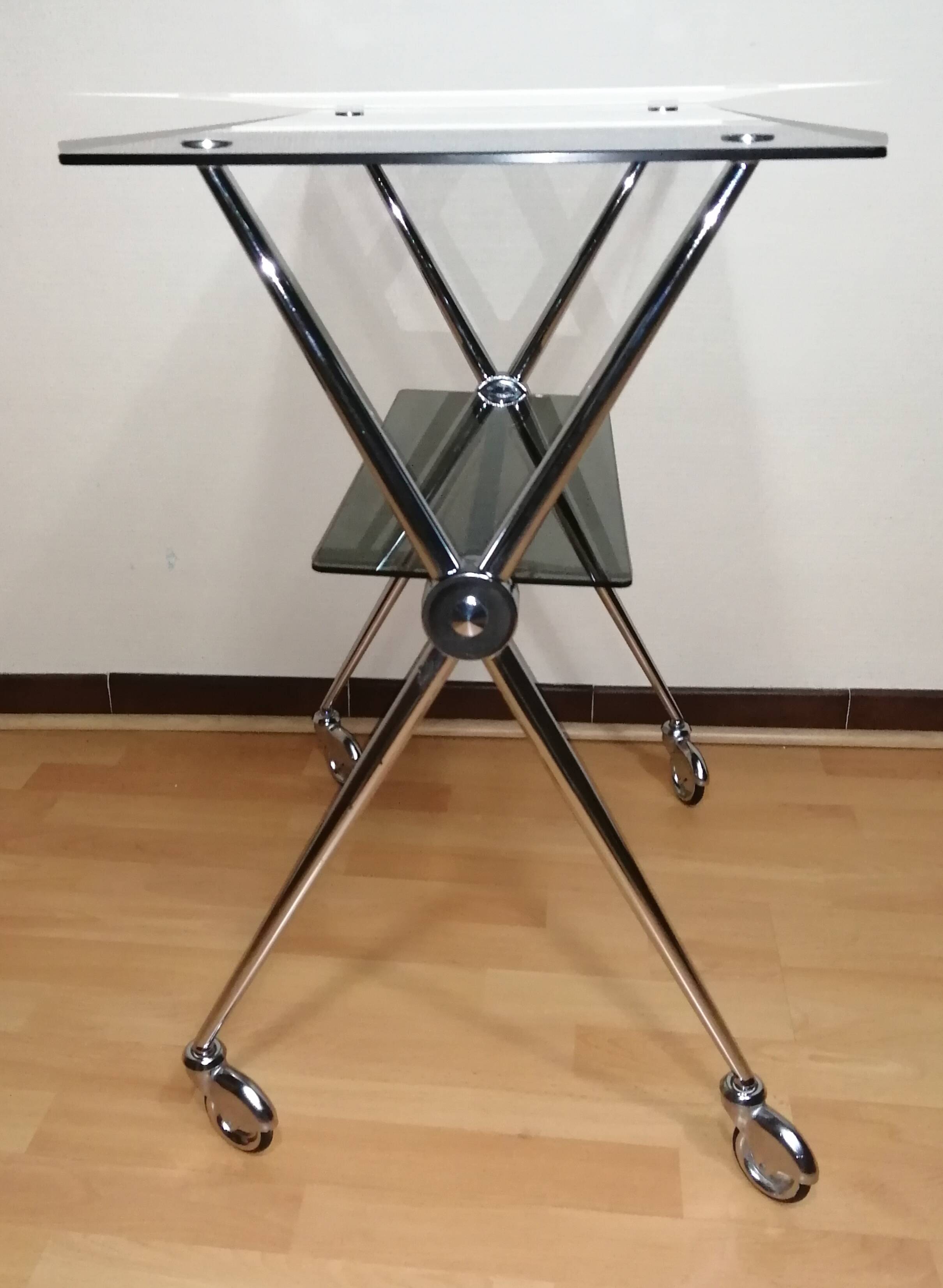 Chrome glass dessert trolley with double trays 1970