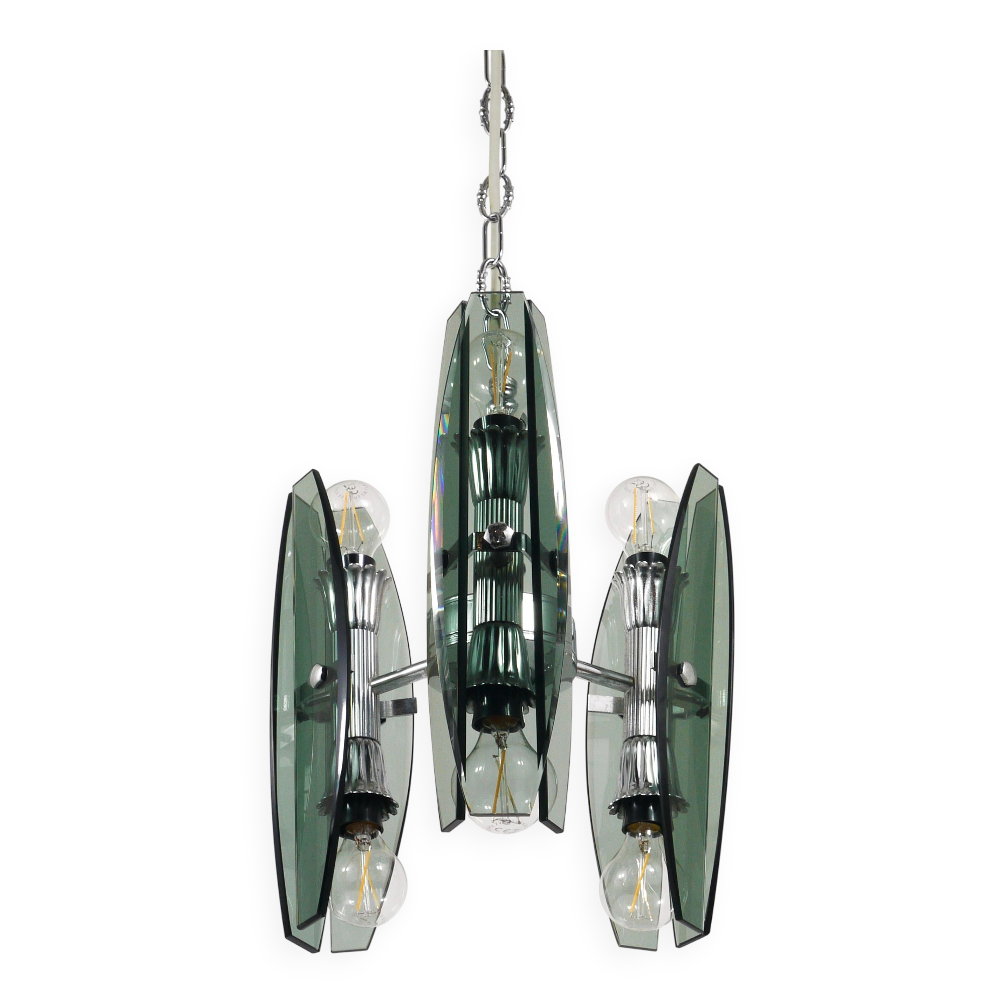 Glass and chrome suspension light in Fontana Arte style by Veca Murano, Italy.