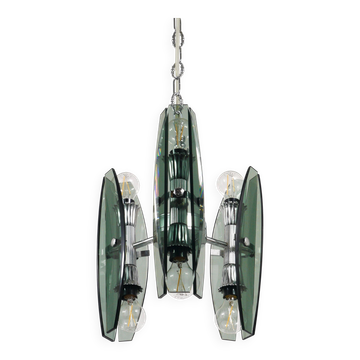 Suspension lustre en verre et chrome style Fontana Arte par Veca Murano, Italie
