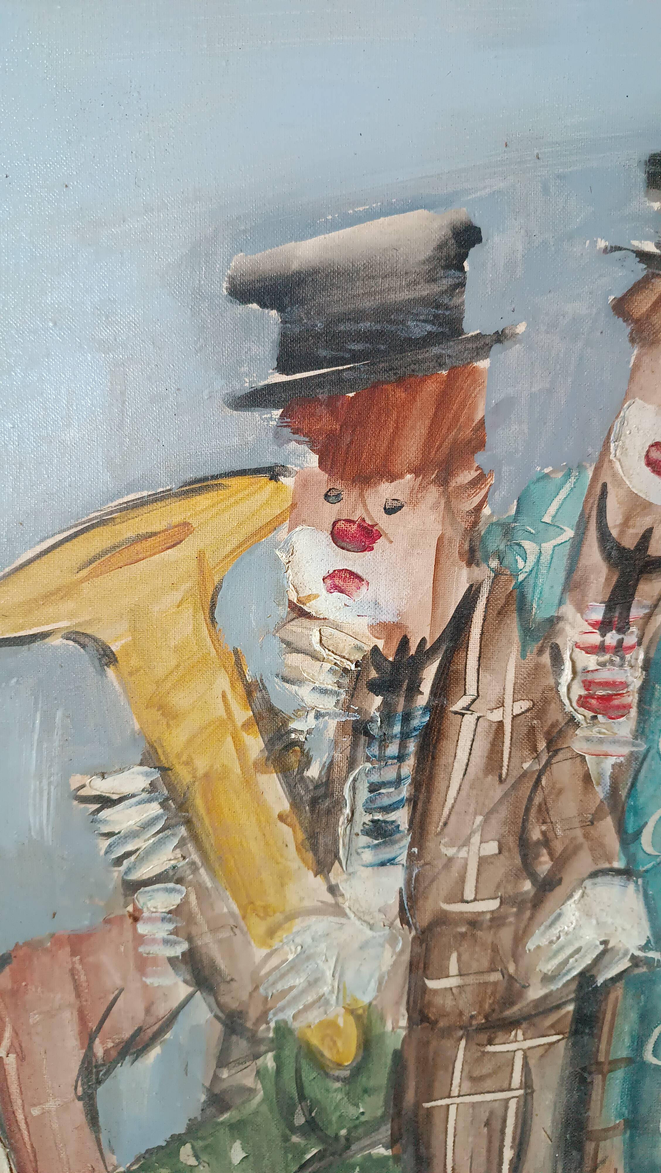 Peinture à l'huile sur toile nando da pistoia, clowns des années 60