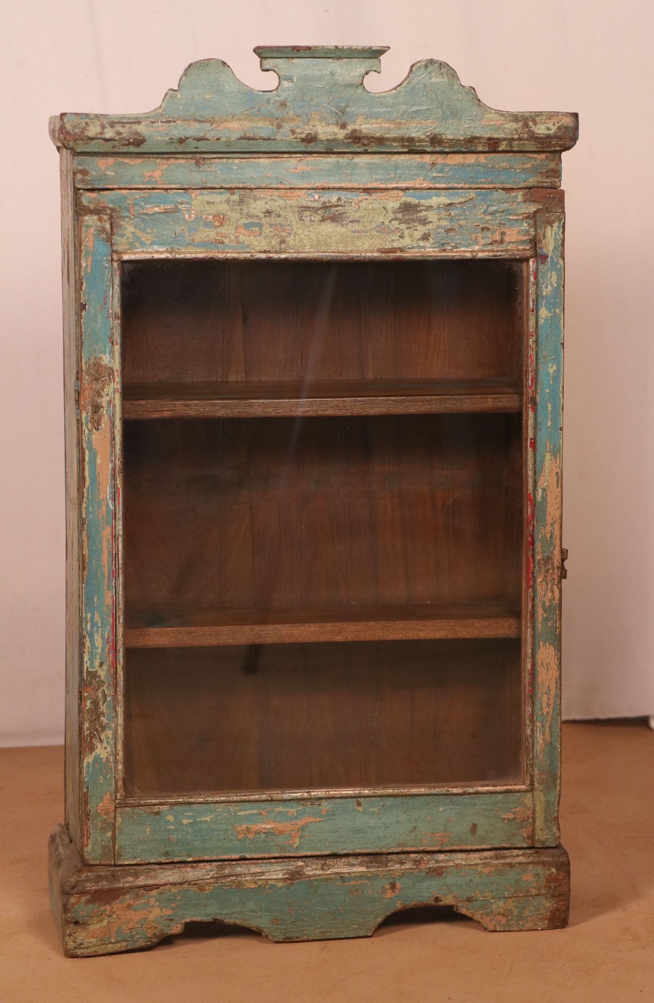 old Art Deco wall display case in original blue teak Burmese patina