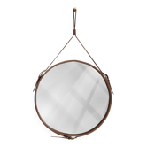 Miroir fait main dans le goût de J. Adnet en cuir tanné végétal marron