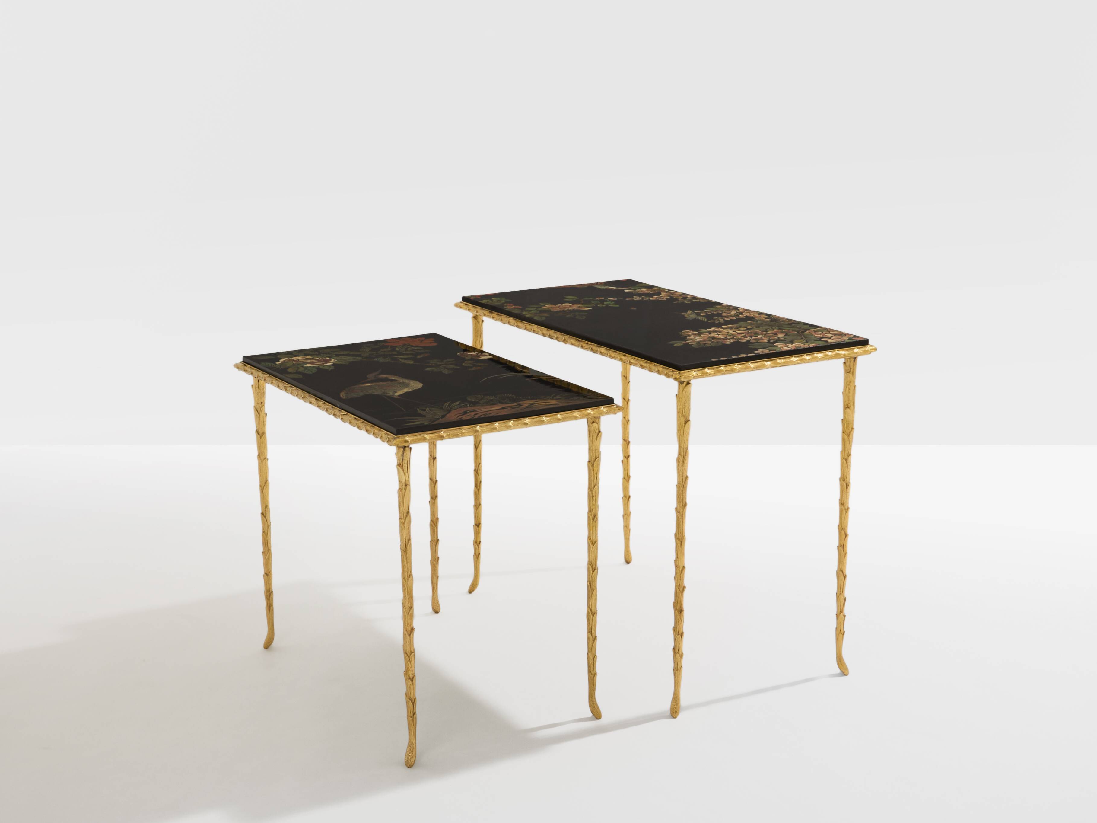 Bronze-gilded foliage side tables, Chinese lacquer, Maison Baguès, 1950.