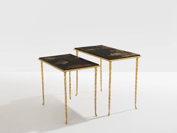 Tables d’appoint feuillage bronze doré laque de Chine Maison Baguès 1950