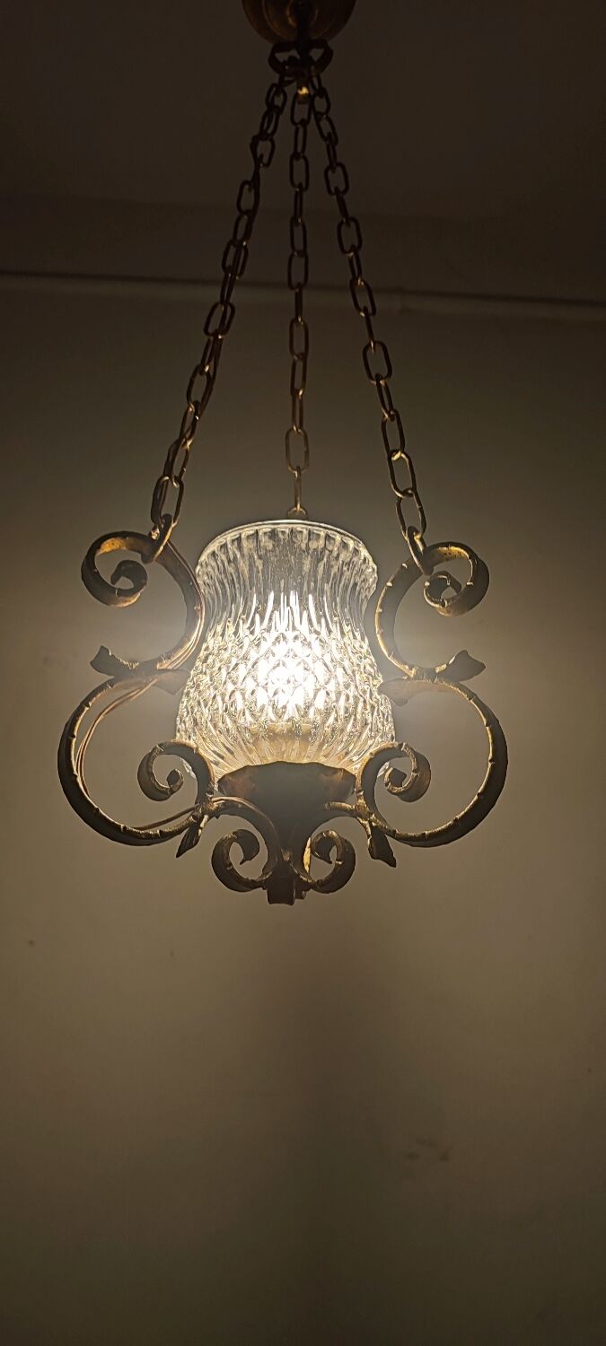 Ceiling lamp wrought iron and glass Spain, 1970s