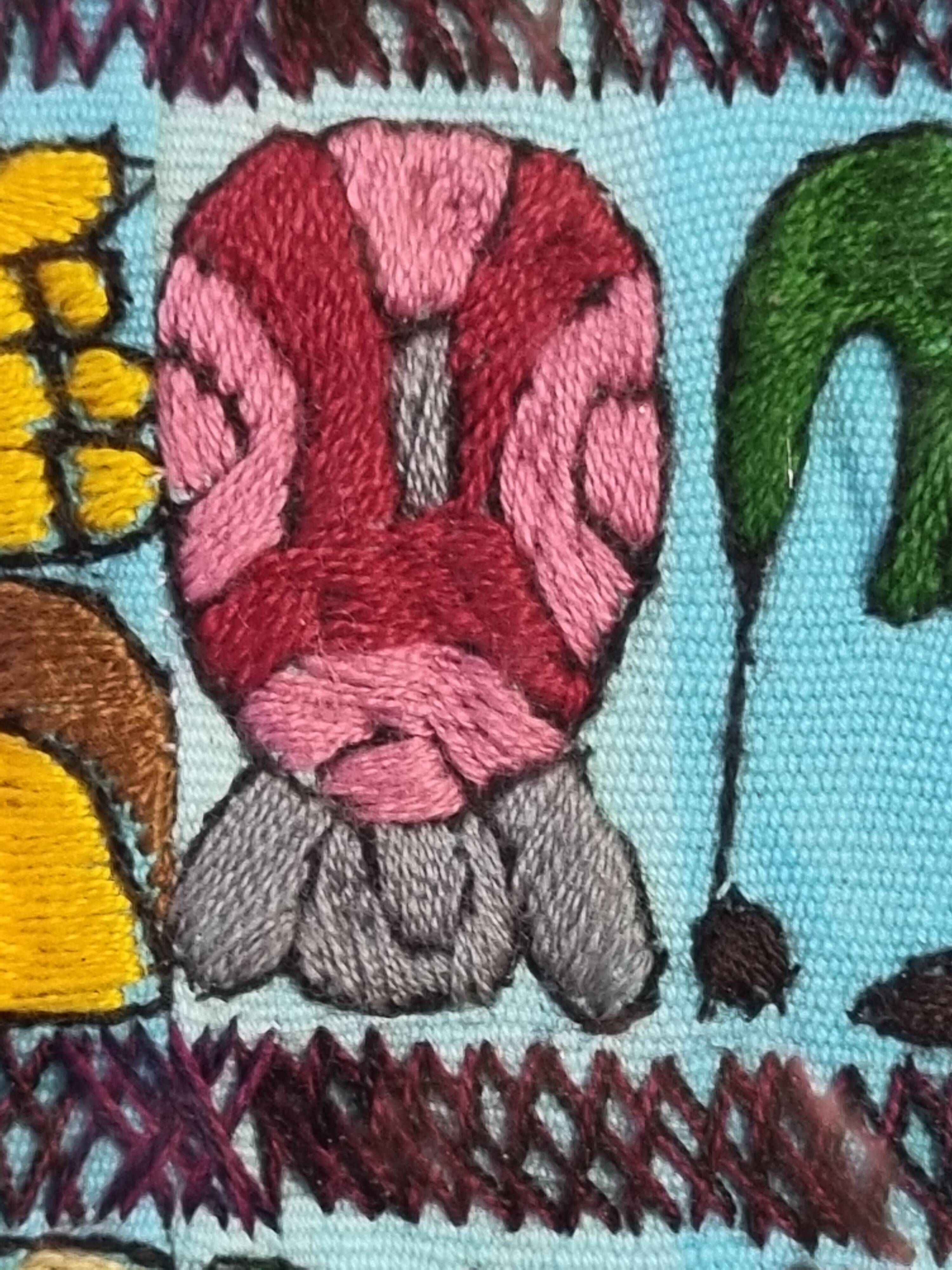 Native American tapestry, embroidered framed, colorful Mayan symbology, 84 cm