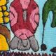 Native American tapestry, embroidered framed, colorful Mayan symbology, 84 cm