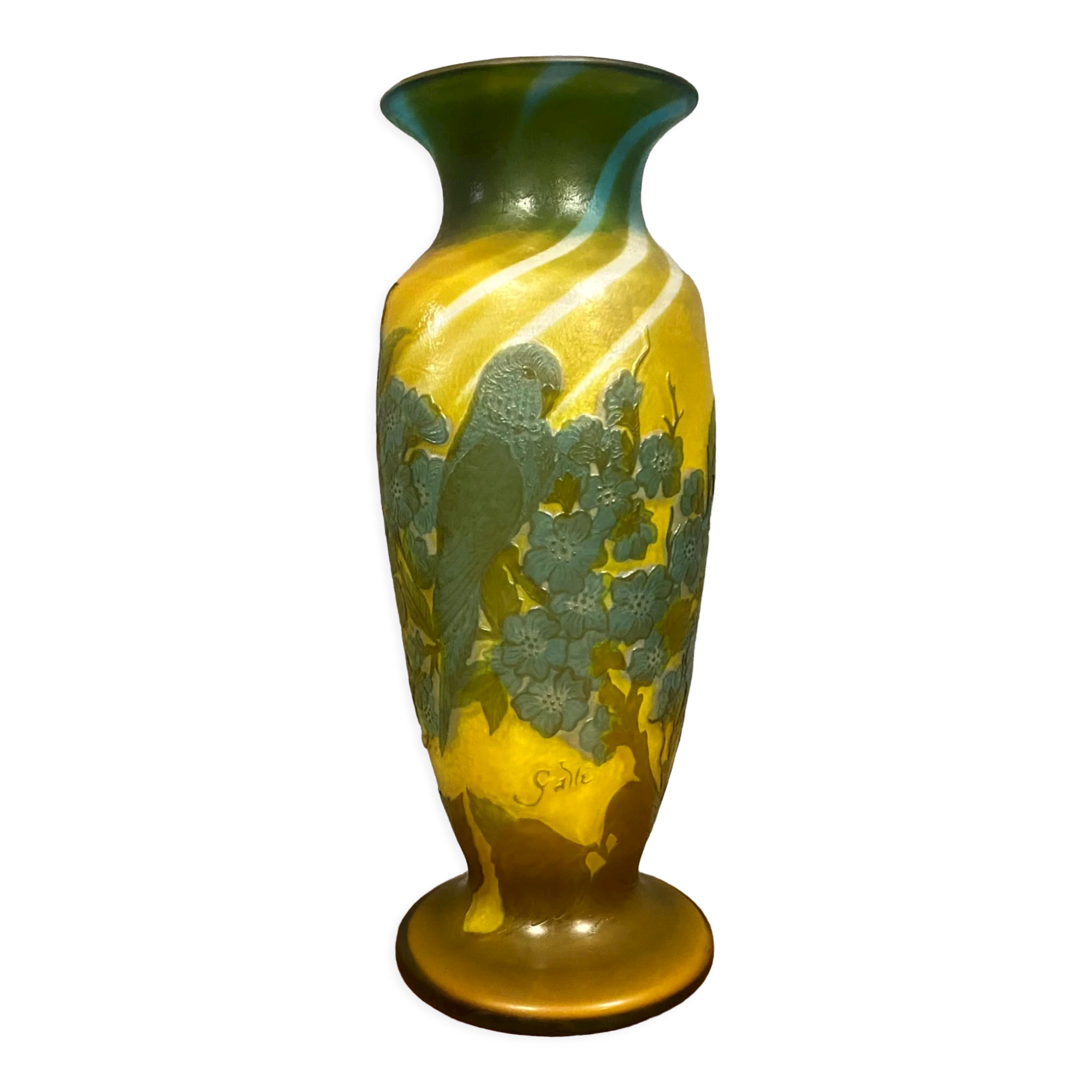 Vase in glass paste with trendy parakeets in a flowery universe signed Gallé