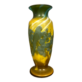 Vase in glass paste with trendy parakeets in a flowery universe signed Gallé
