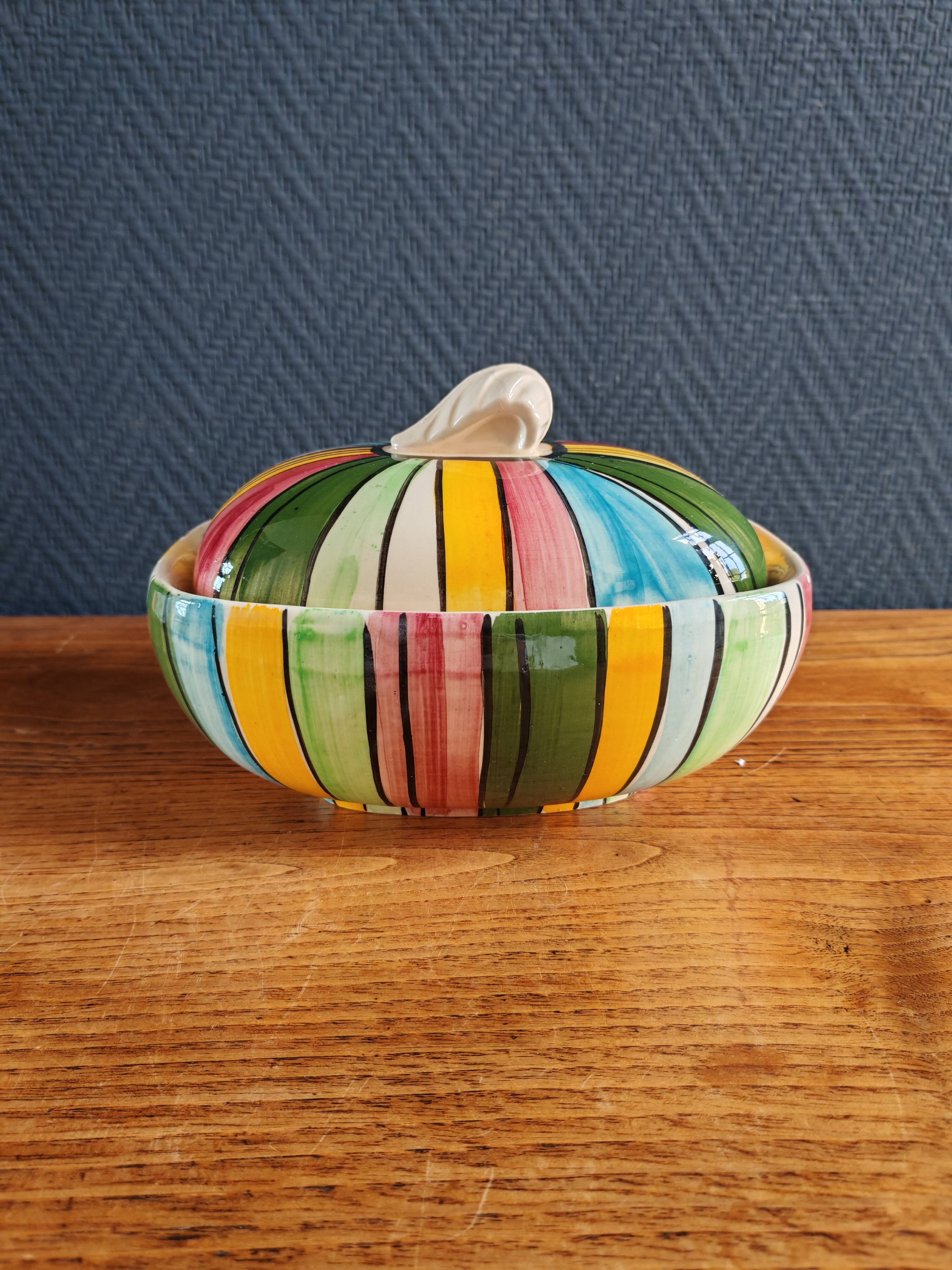 Vintage Ceramic Bonbonnière with Colourful Stripes - Jewellery Box