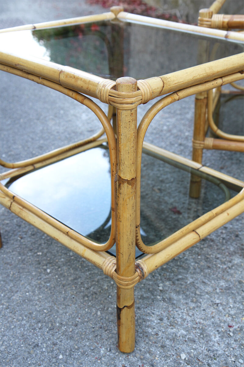 Pair of bamboo and smoked glass vintage bedside tables