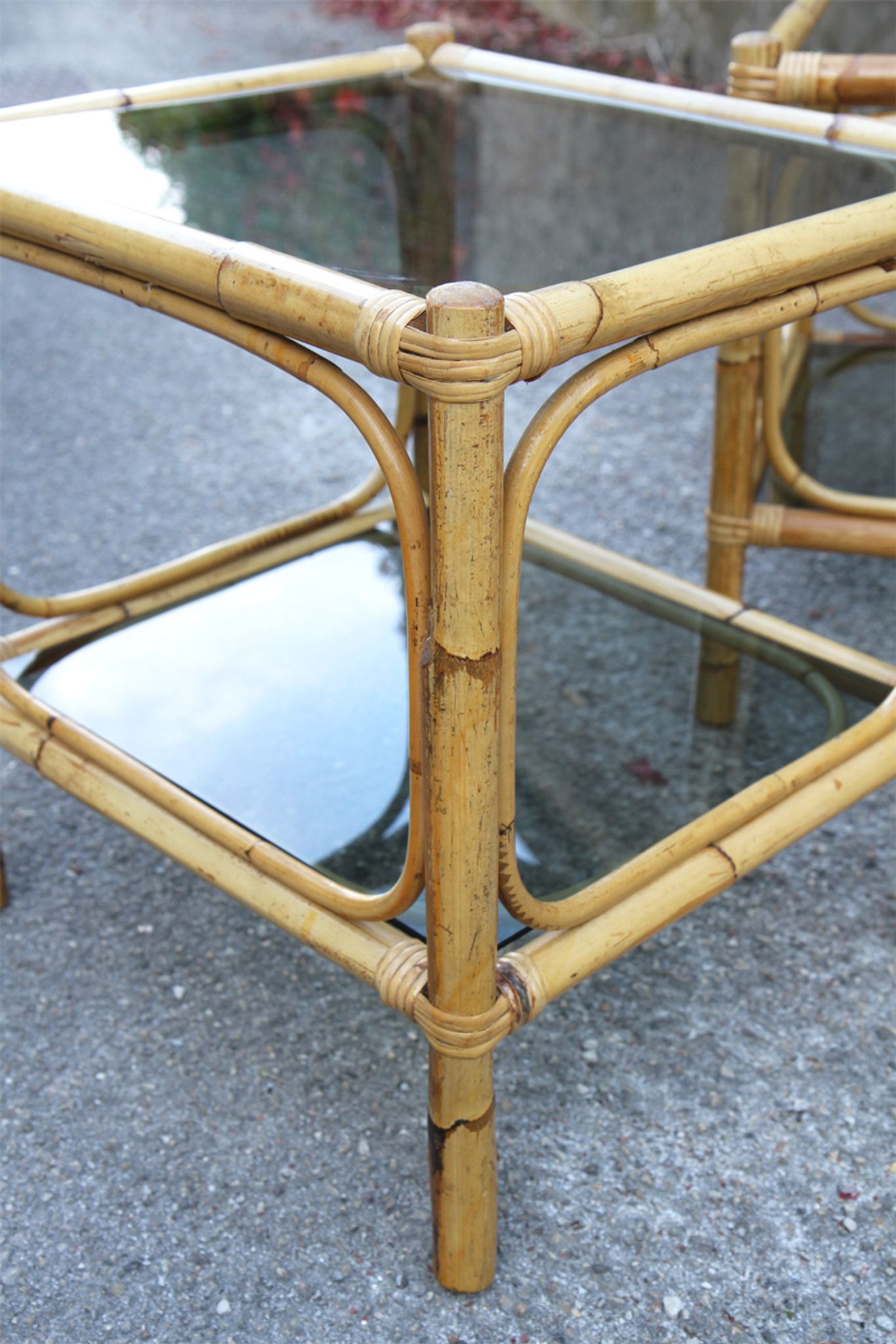 Pair of bamboo and smoked glass vintage bedside tables