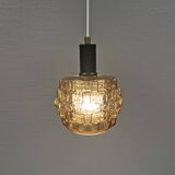 Older hanging lamp with champagne colored outer glass with inner shade of crystal glass.