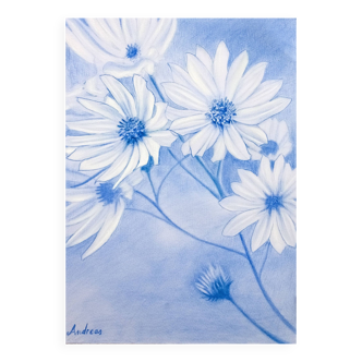 Drawing of daisies. flowers. flower painting. pastel flowers.