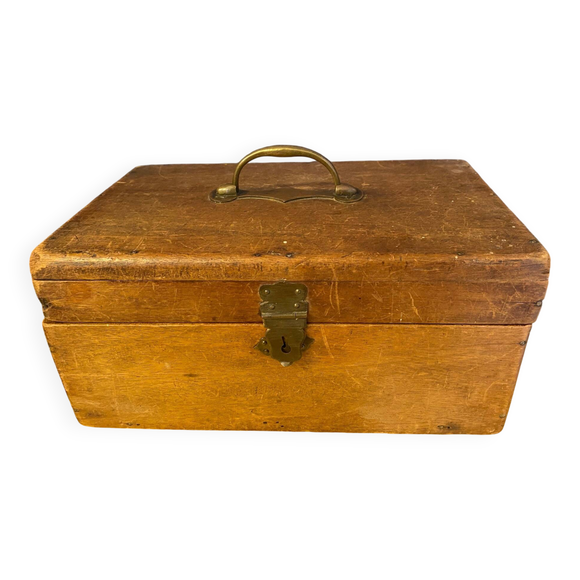 Old wooden box early 20th century market box with brass handle