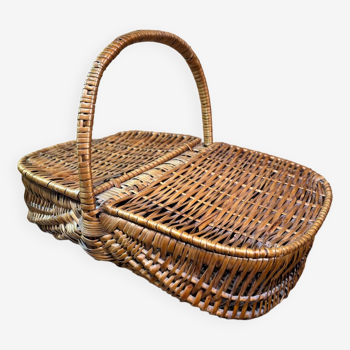 Old wicker basket with picnic flaps, market, folk art basketry