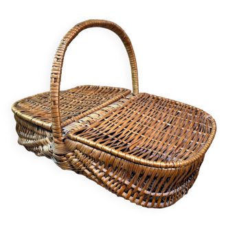 Old wicker basket with picnic flaps, market, folk art basketry