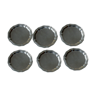 6 pewter coaster marked on a wooden stand, vintage from the 1950s
