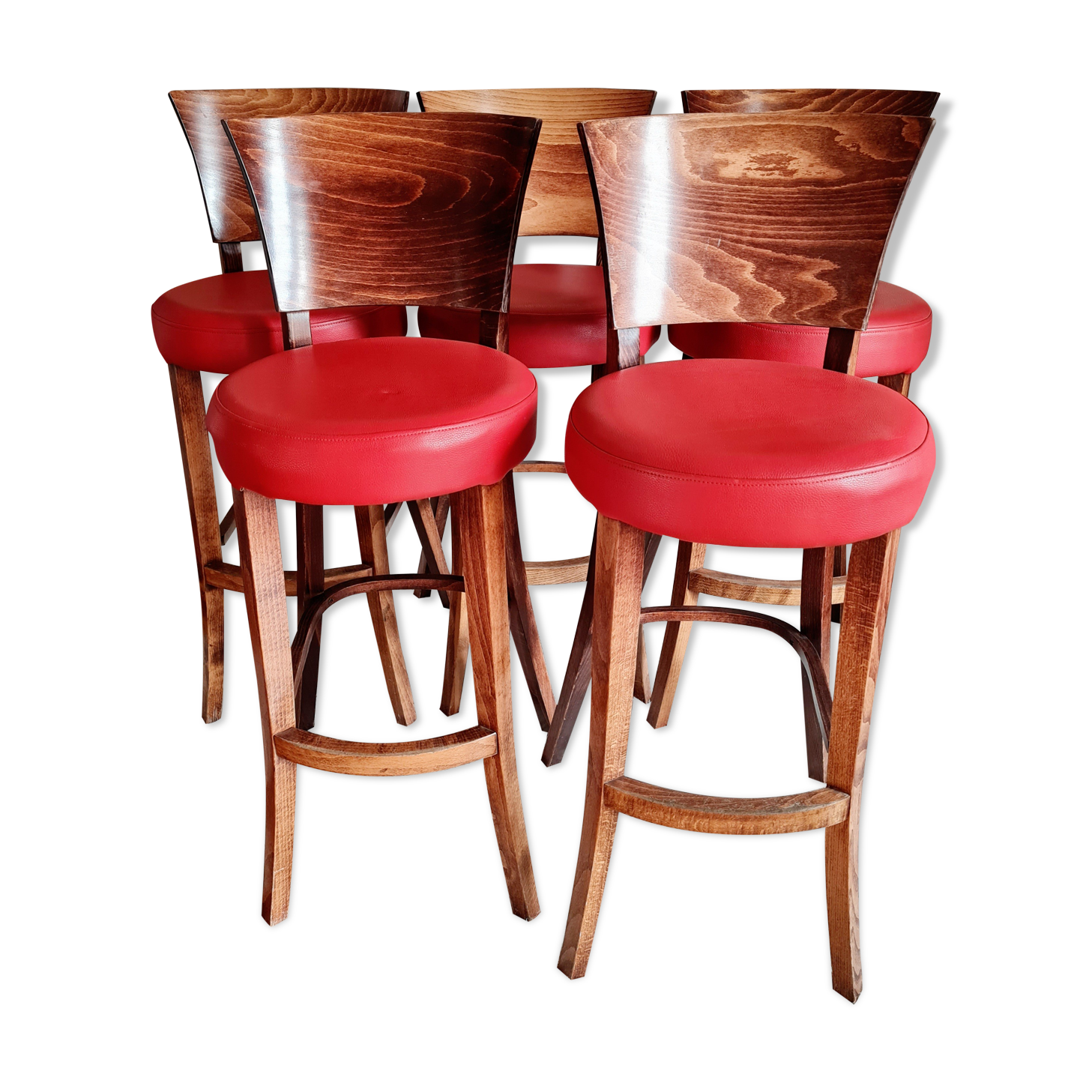 Lot of 5 wooden bar top stools and leather seating