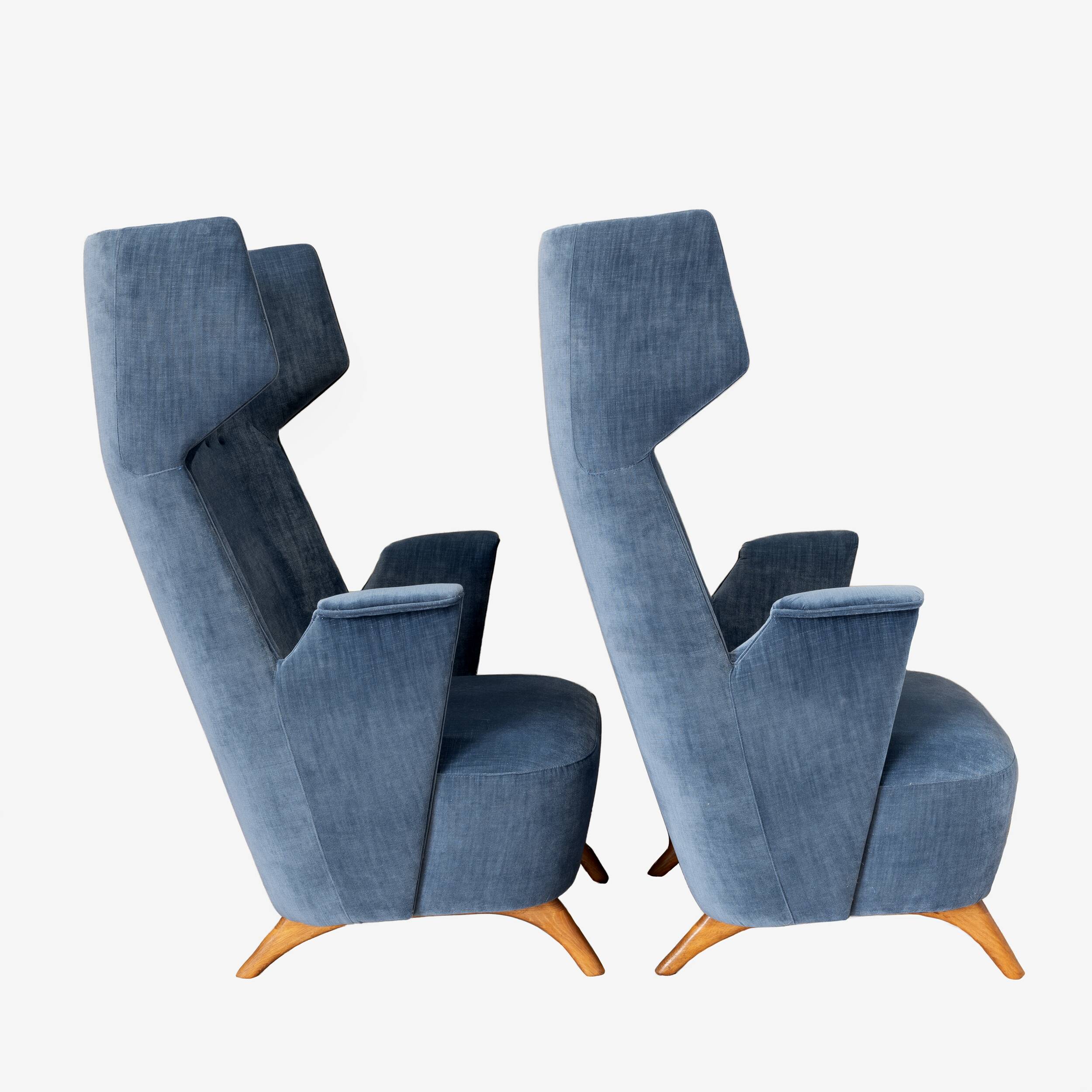 Pair of Mid-Century Modern Italian Velvet High Back Armchairs, 1950s