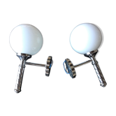 Pair of globe wall lamps in white opaline and chrome/vintage metal 70s