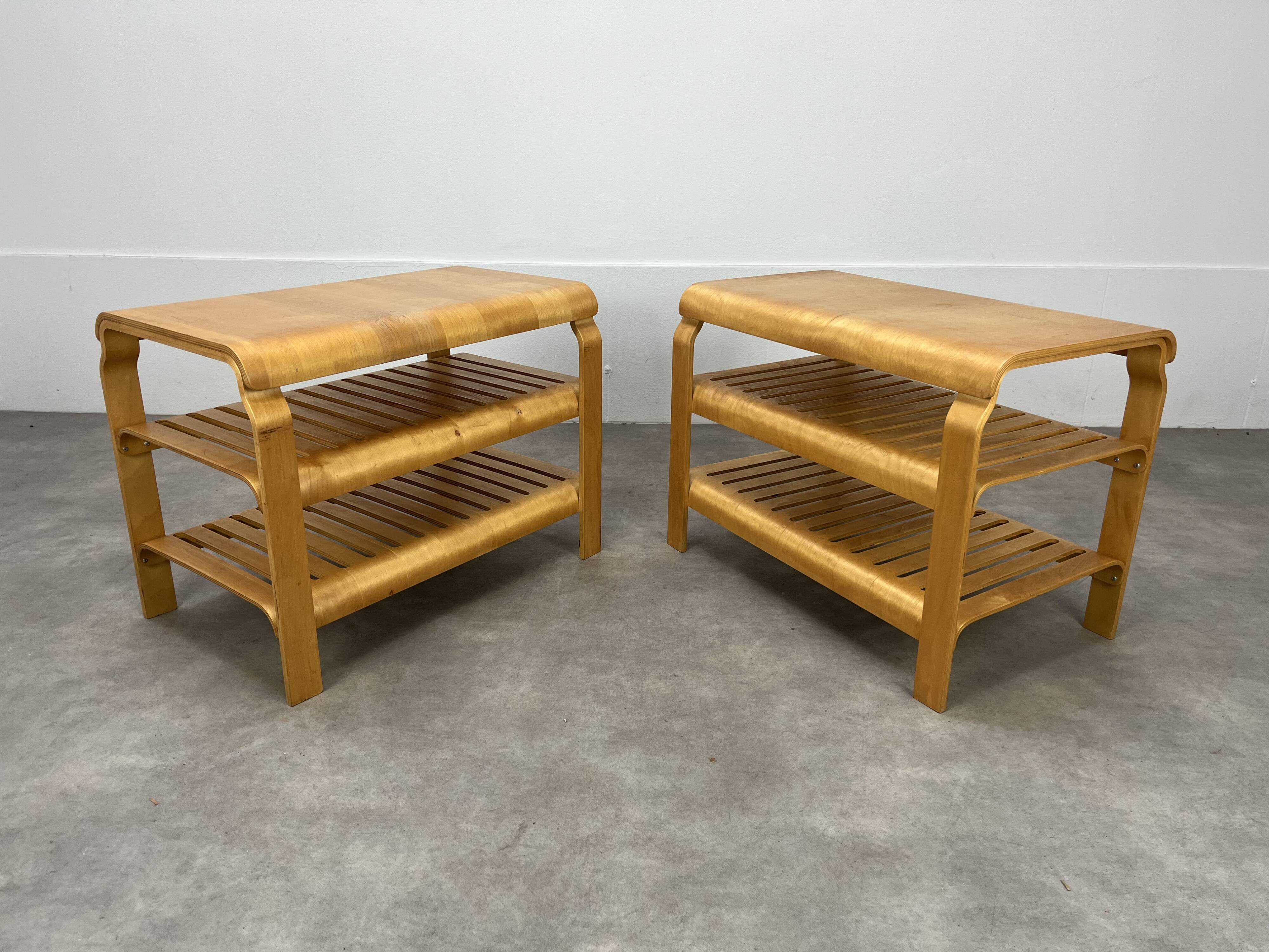 Pair of curved wooden entrance benches 1980