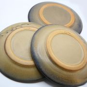 Set of 3 bluish and ochre plates in stoneware Arts Ceram Grand Feu