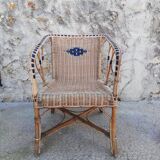 Armchair in wicker rattan and scoubidou