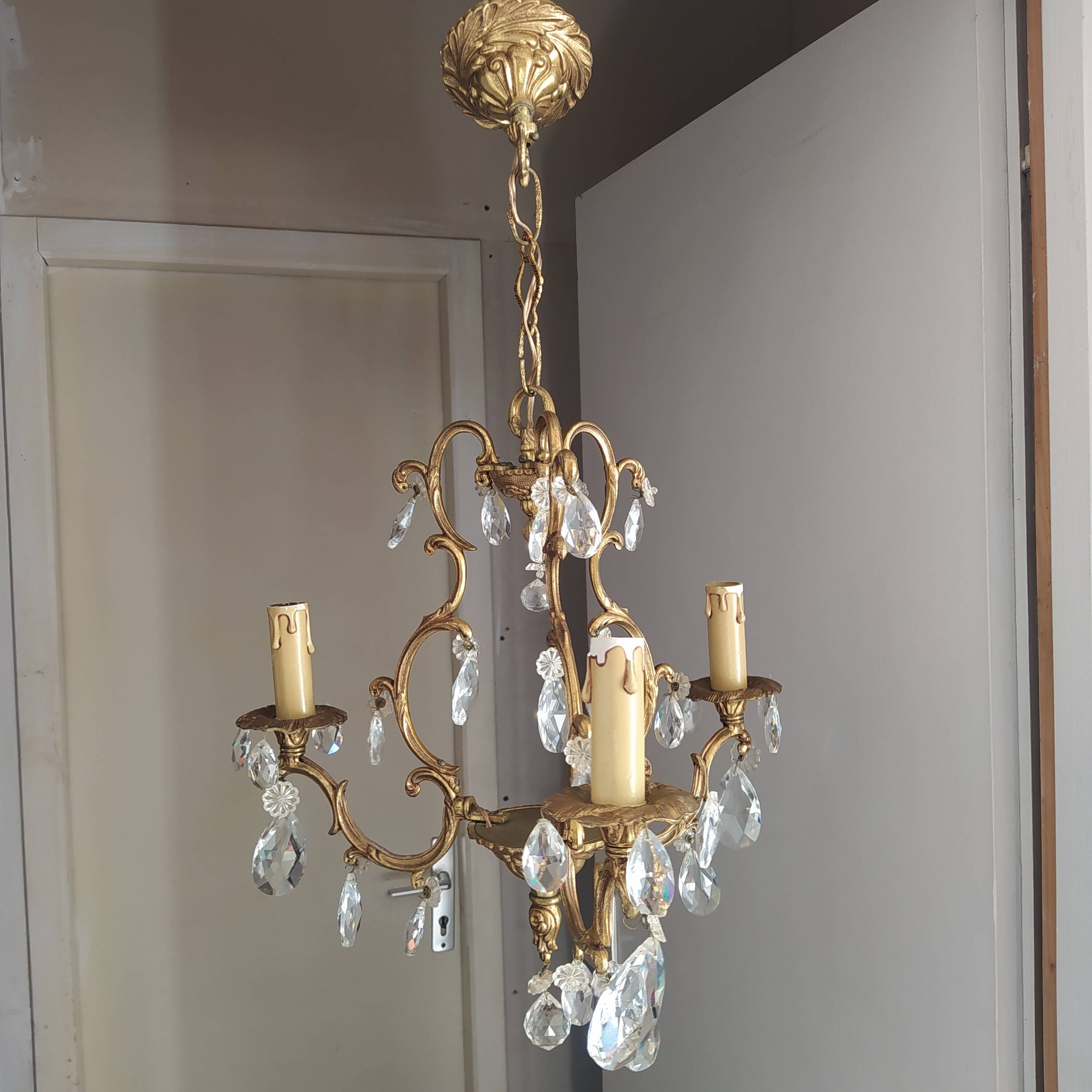 Louis xv bronze chandelier with crystal pendants 3 lights