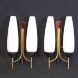 Pair of double brass and opaline sconces, Maison Arlus, France, Mid-Century