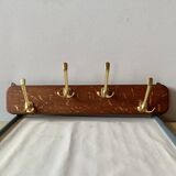 Vintage wooden wall coat rack with 4 double golden aluminum hooks