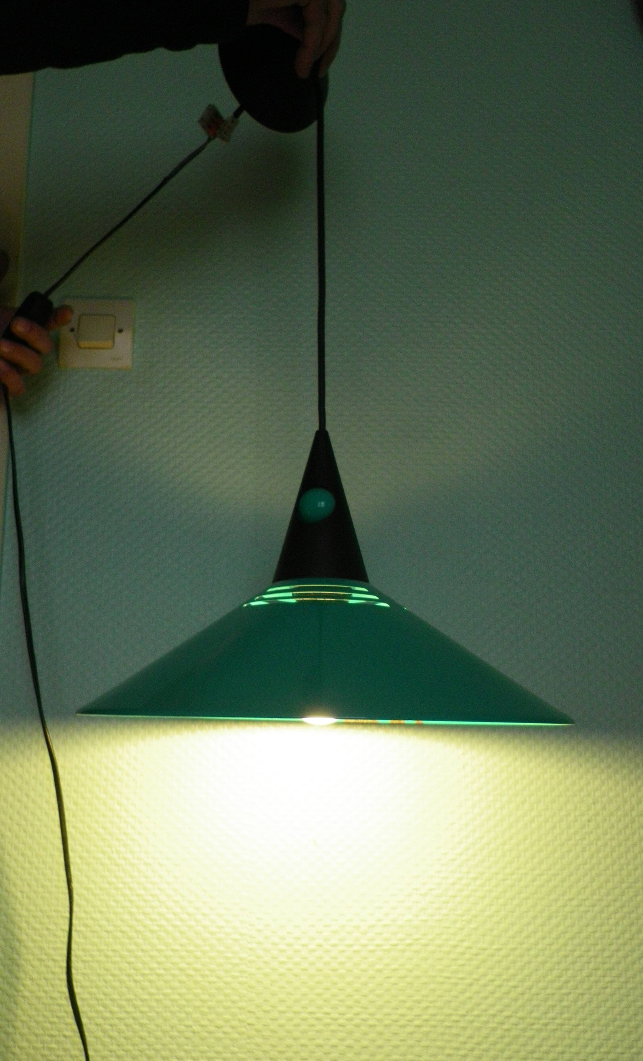 Emerald blue metal pendant light, Memphis style, space age -1980-