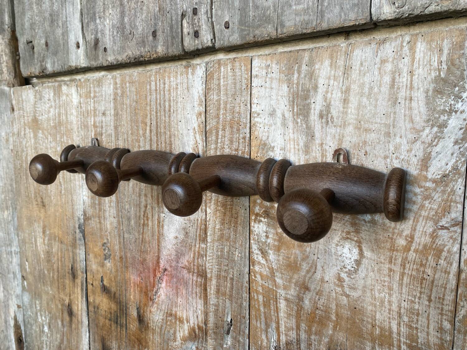 Wall Coat Rack 4 Hooks Wood 1950s Vintage #D749