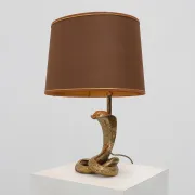 Hollywood Regency Brass Cobra Table Lamp with Brown Shade, France, 1970s