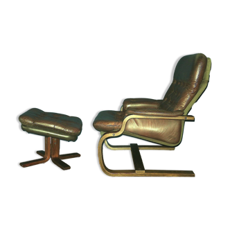 Fauteuil lounge scandinave en porte-à-faux en cuir et bois courbé avec ottoman, 1960