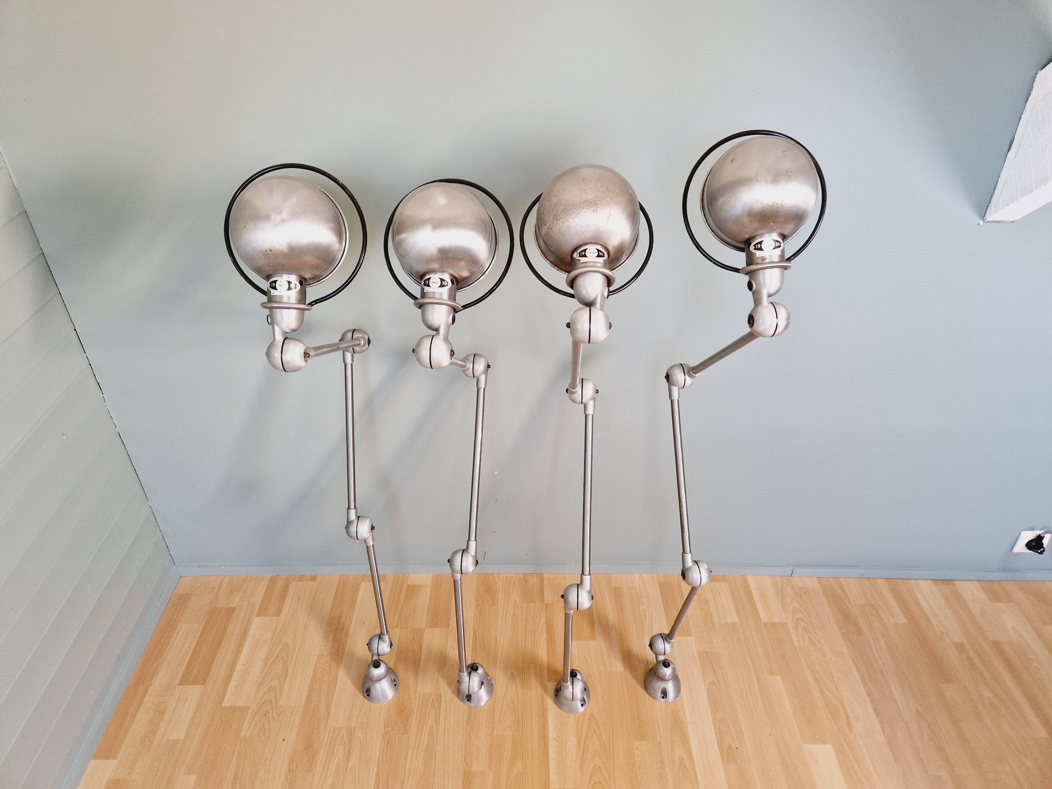 Set of 4 Jieldé industrial lamps in brushed steel, 3 arms