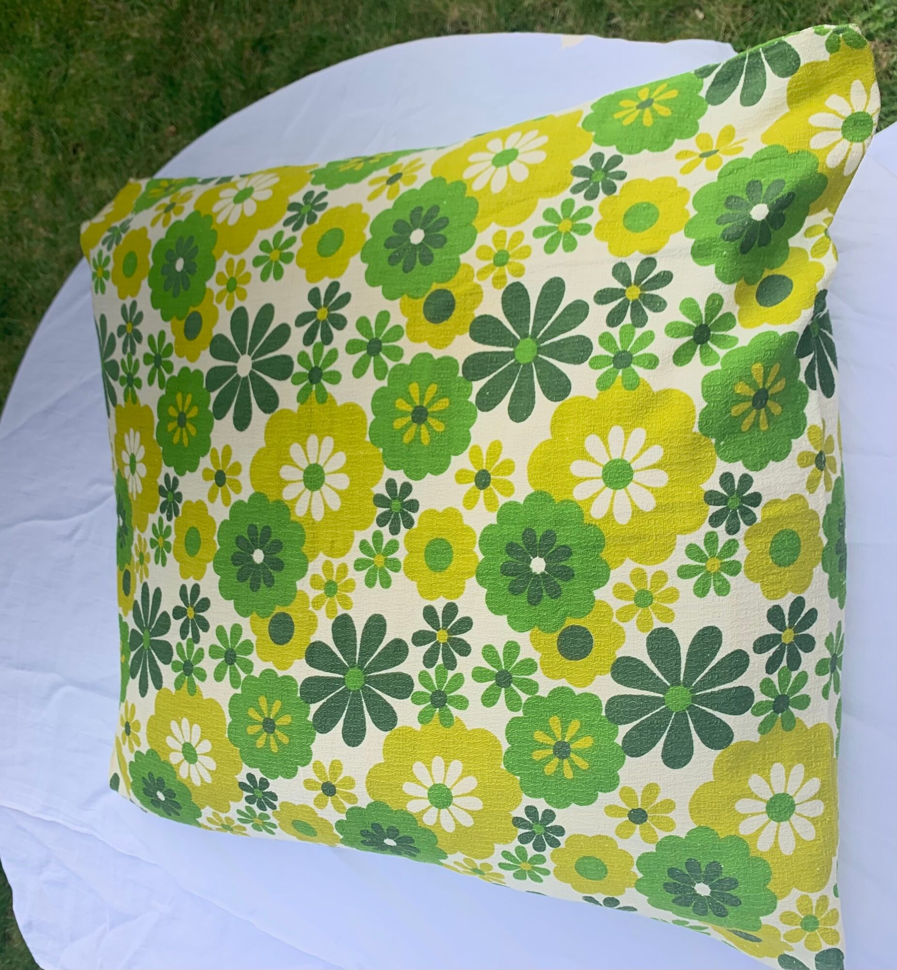 Cushion cover, green lotus flowers, vintage 1970