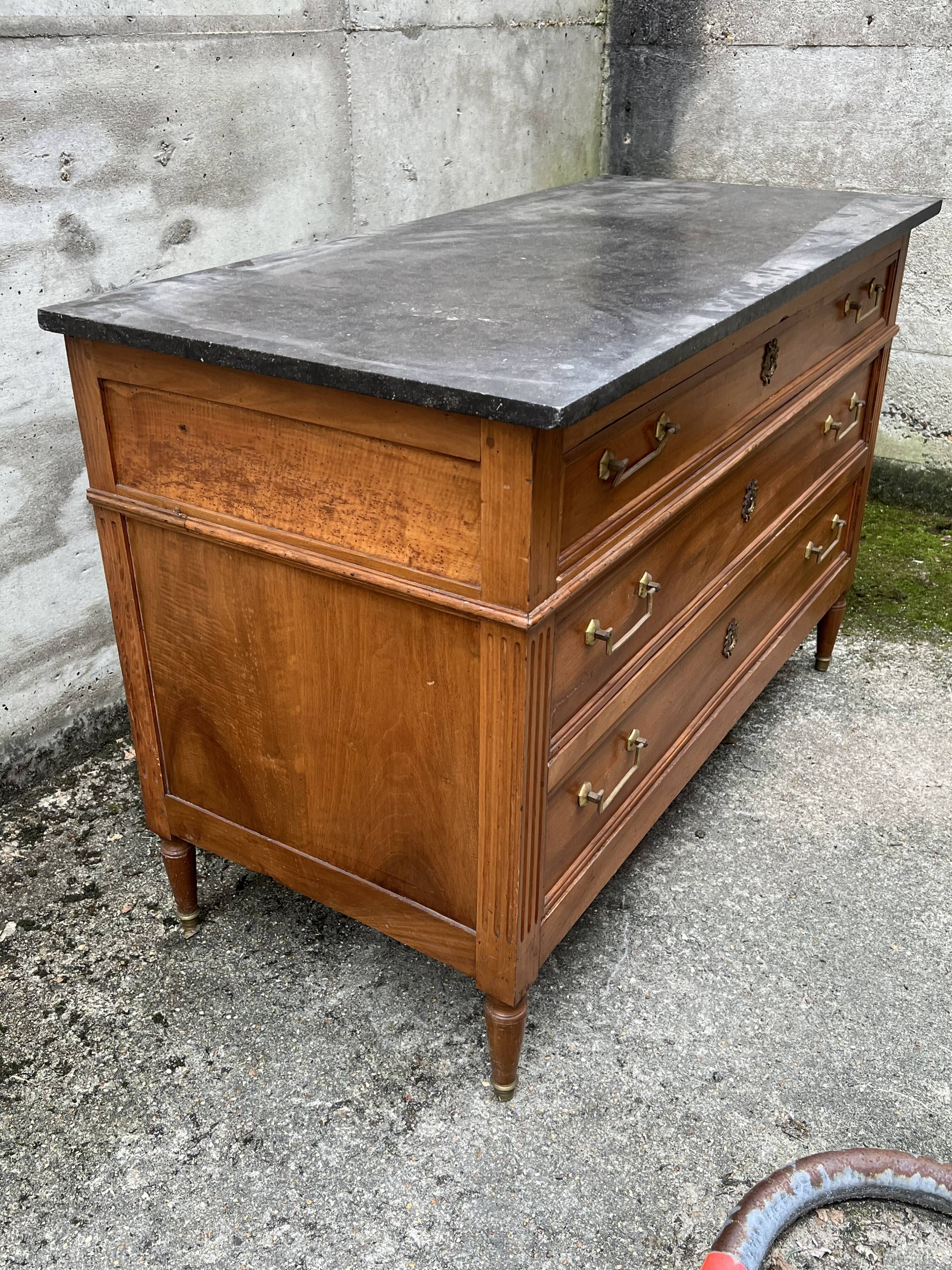 Louis XVI style chest of drawers in walnut, marble top