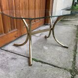 Brass and glass dining table, yellow finish, Hollywood Regency style (1970s)